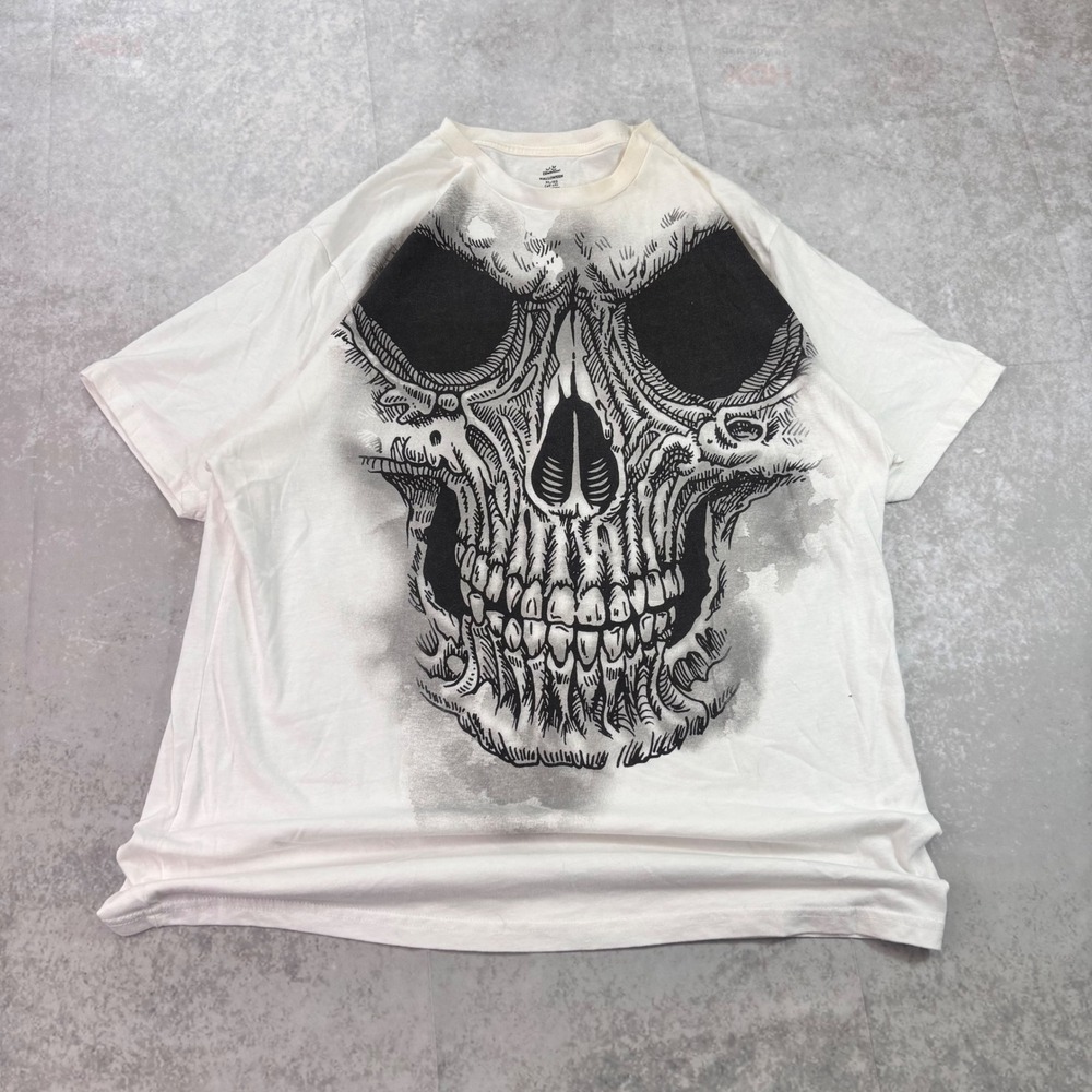 Y2K Halloween Skull Graphic T-Shirt Men's XL Oversized White Goth